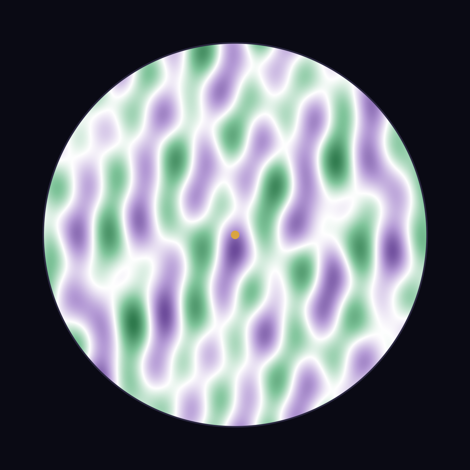 A Scalar Flower field disc: ten planetary waves interfering on a dark ground, gold point at the hub